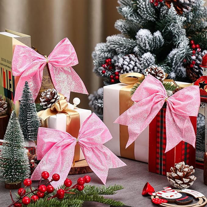 Cindeer 24 Pcs Pink Christmas Bow Decorations 6 x 6 Inches, Glitter Holiday Ornaments Sequin Ties Bows for Xmas Tree, Wreath, DIY Crafts, Gift Wrapping, Party Decor