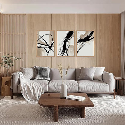 HOURIA Large Abstract Tan and Black Brush Stroke Framed Canvas Wall Art Set,Textured Beige Circle Wall Decor,Minimalism Brown Ink Line Artwork,Modern Shape Art Print for Living Room,Bedroom-16 x24 x3