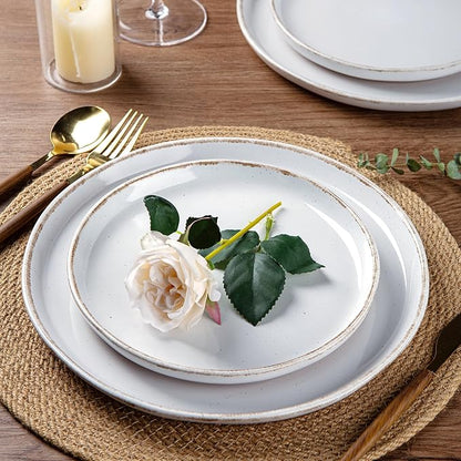 AmorArc 32 Pieces Ceramic Dinnerware Sets for 8, Handpainted Plates and Bowls Set with Rustic Terracotta Underside, Scratch Resistant Stoneware Dishes Set, Dishwasher & Microwave Safe,White