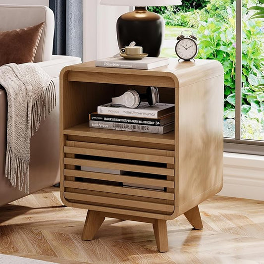 Fluted Night Stand Nightstand with Drawer Storage Grille Bed Side Table End Table Large Modern Wide Bedside Stand Tall Night Stands for Bedroom Living Room Home Office, Natural Oak