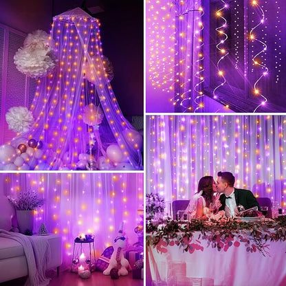 Minetom Curtain Lights, 300 LED Dimmable Fairy Lights with Remote and Timer, 8 Modes, USB Powered String Lights for Room Wall Party Xmas Indoor Decor, Purple & Orange