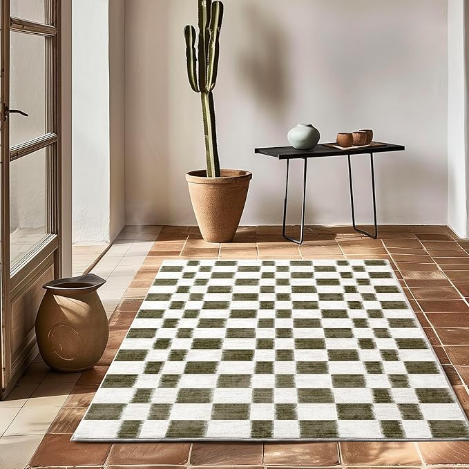 EVERGRACE Checkered Plaid Area Rug 4x6, Soft Fuzzy Faux Wool Rugs Washable Anti Slip Rugs Large Rug Carpet for Entryway Bedroom Living Room Hallway Kitchen Dining Room and Laundry Room, Olive Green