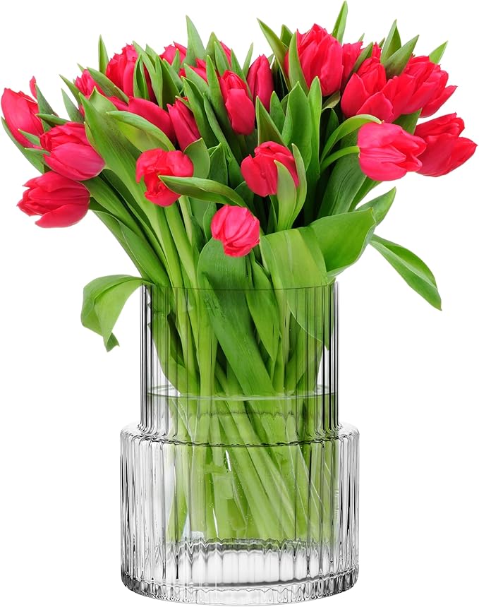 KROSNO Ribbed Flower Modern Japandi Decor Vase, 7,8 x 6,2 inch, Perfect for Home and Restaurants, Dishwasher Safe, Crystalline Glass, Lead-Free
