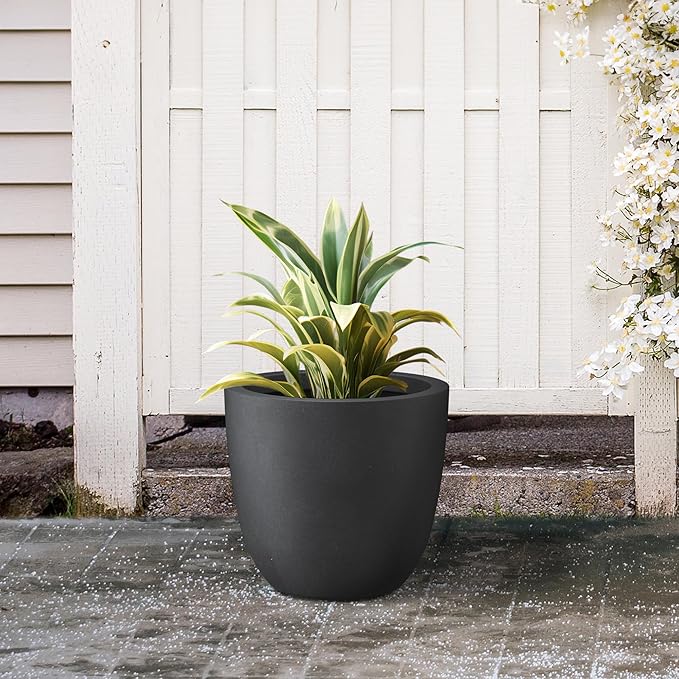 Kante 14 Inch Dia Round Concrete Planter, Indoor Outdoor Large Plant Pot with Drainage Hole and Rubber Plug for Home Patio Garden, Black