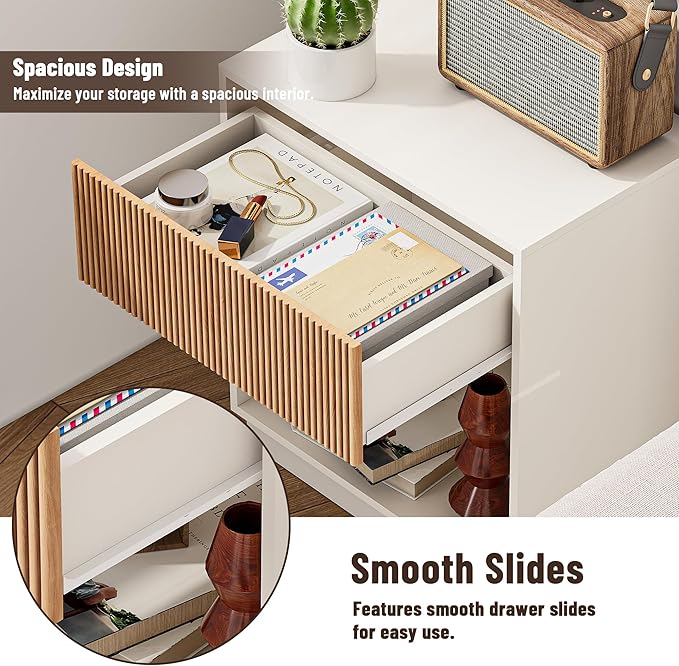 Fluted Nightstands Set of 2, Modern Bedside Table with Drawer and Storage Shelf, Wood End Table Mid Century Night Stands for Bedroom Living Room Office (White+Oak)