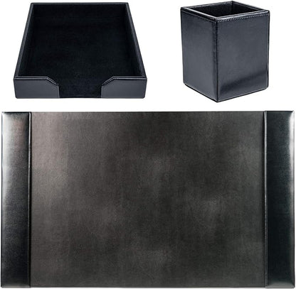 Dacasso Bonded Set Luxury Leather Desk Pad & Desk Organization Essentials, 3 Piece, Black