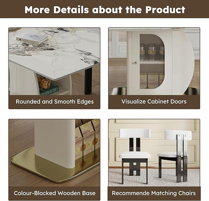 Montary 63" Modern 4-6 Person Dining Table with Storage Cabinet, Artificial Marble Dining Table with Sintered Stone Tabletop & Golden Solid Wood Base, Includes 6 White Velvet Chairs for Kitchen