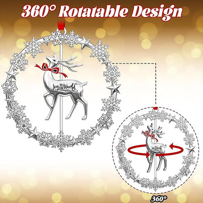 2025 Christmas Ornament, Rotatable Reindeer in Wreath, Metal Christmas Ornaments Dated Hanging Tree Decoration, New Year Holiday Keepsake Gift for Family