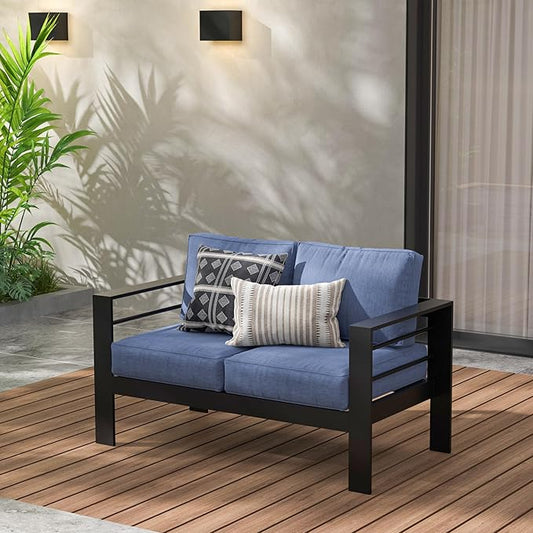 Wisteria Lane Patio Furniture Aluminum Loveseat, All-Weather Outdoor 2 Seats Outdoor Chair, Black Metal Chair with Blue Cushions