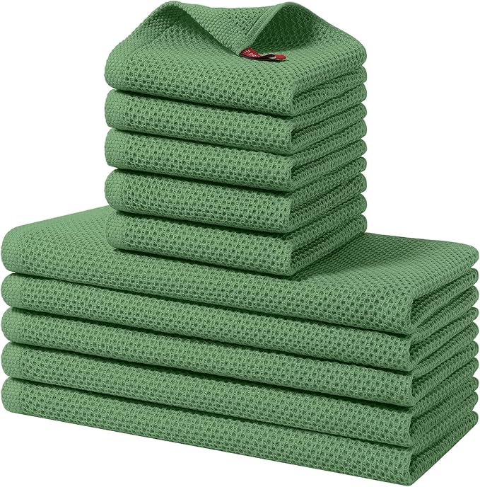 Homaxy 100% Cotton Kitchen Towels and Dishcloths Set, 12 x 12 Inches and 13 x 28 Inches, Set of 10 Bulk Kitchen Towels Set, Ultra Soft Absorbent Dish Cloths for Washing Dishes, Grass Green