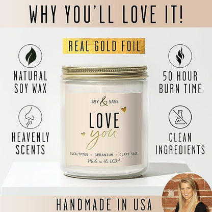 Valentines Day Gifts for Her, Valentine Candles -I Love You Candle, w/Eucalyptus & Geranium I I Love You Gifts for Her I Valentines Day Candle for Wife, Girlfriend I 9oz, 50Hr Burn, USA Made