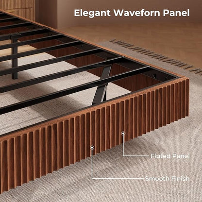 Evermagin Walnut King Floating Bed Frame with led Lights, Mid Century Modern Fluted Floating Platform Bed No Headboard, Heavy Duty Metal Float Bedframe, No Box Spring Needed