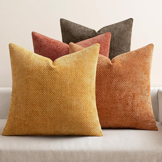 MIULEE Pack of 4 Fall Orange/Yellow  Throw Pillow Covers 18x18 Inch Halloween Soft Decorative Chenille Pillows Farmhouse Accent Cushions for Boho Home Decor Spring  Bedroom Living Room