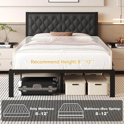 Full Bed Frame with Headboard Linen Upholstered Bed Frame Platform,All Metal Slats Support Platform Bed Frame with Storage Space,Easy Assembly,Noise Free,No Box Spring Needed,Grey