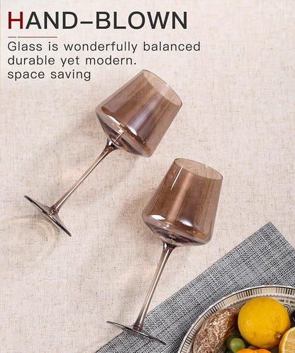 Colored Wine Glasses Set of 6-18oz Smokey Sand Wine Glass with Tall Long Stems and Flat Bottom,Crystal Amber Wine Glasses-Unique Gifts for Wine Lovers,Wedding,Engagement Gifts(Smokey Sand)