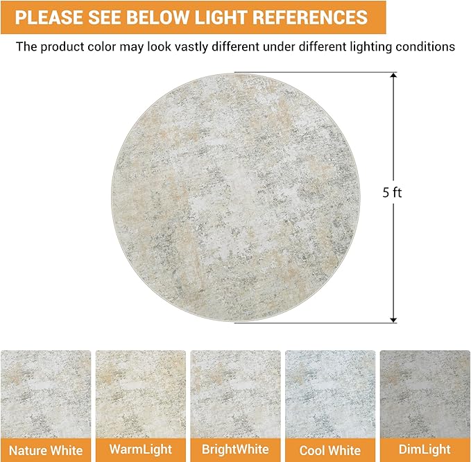 Round Rug 5ft Circle Rug Washable: Carpet Small Circular Area Rug for Entryway Kitchen Bedroom Dining Room Living Room 5 Feet Abstract College Dorm Non Slip Low Pile Beige Grey