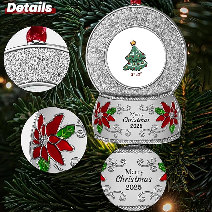 2025 Christmas Ornaments 2 inch Picture Frame Metal Hanging Pendant for Tree Small Decorative Keepsake, Display Photo for Baby and Pet (Crystal Ball Silver(2025))