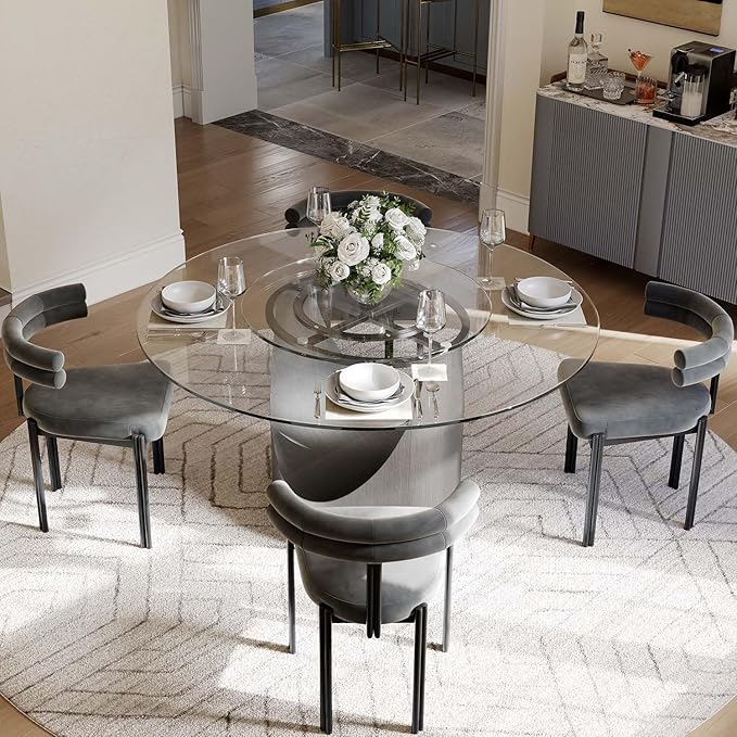 POVISON 51" Modern Round Dining Table for 4, Glass Tabletop Dining Table with Grey Carbon Steel Pedestal, Modern Dining Room Table for Kitchen, Living Room (Table Only)