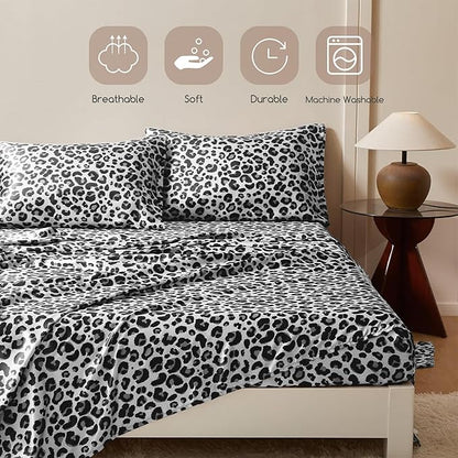 MR&HM Satin Sheets with Elastic Corner Straps, King Size Sheets Set, 4 Pcs Silky Bedding Set with 15 Inches Deep Pocket for Mattress (King, White Leopard)