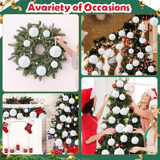24 Pcs White Furry Christmas Ball Ornaments for Tree 2.36/3.15/3.94 Inches Pom Pom Ball Christmas Hanging Decoration for Party Supplies Fireplace Mantel Wall Decor