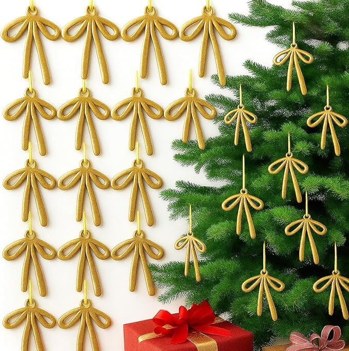 24 Pcs 2025 Christmas Metal Bow Ornaments Bulk for Christmas Tree Garland Wreath Fireplace Vintage Gold Bow Ornaments Indoor Outdoor Home Xmas Party Decorations
