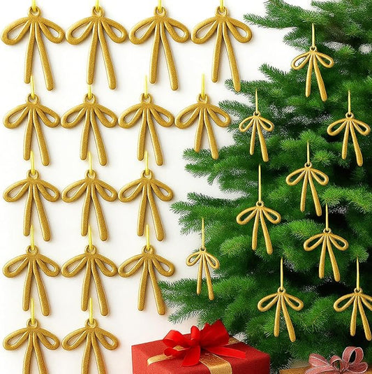 24 Pcs 2025 Christmas Metal Bow Ornaments Bulk for Christmas Tree Garland Wreath Fireplace Vintage Gold Bow Ornaments Indoor Outdoor Home Xmas Party Decorations