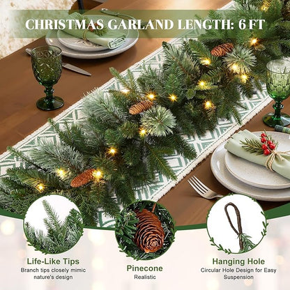 SHareconn Paquete de 2 guirnaldas de Navidad preiluminadas de 6 pies, Christmas cedro rústico natural con decoración de conos de pino y luces LED multicolores, temporizador a pilas para chimenea, decoración de