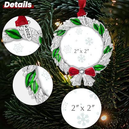 2025 Christmas Ornaments 2 inch Picture Frame Metal Hanging Pendant for Tree Small Decorative Keepsake, Display Photo for Baby and Pet (Wreath (2025))