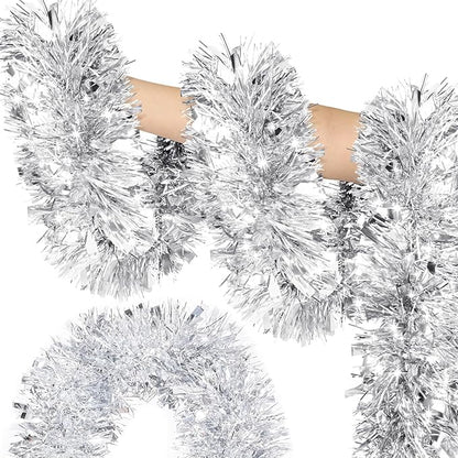 50FT Silver Christmas Tinsel Garland - Metallic Tinsel Glitter Twist Garland Hanging Streamers for Xmas Tree Garlands Decorations