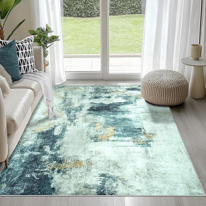 4x6 Area Rugs for Living Room Rug Washable: Abstract Rug for Dining Room Bedroom Carpet Non Slip 4 by 6 Indoor Modern Nursery Home Office Teal Grey Gold