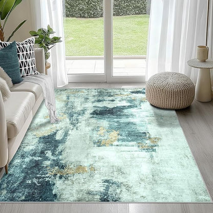 4x6 Area Rugs for Living Room Rug Washable: Abstract Rug for Dining Room Bedroom Carpet Non Slip 4 by 6 Indoor Modern Nursery Home Office Teal Grey Gold