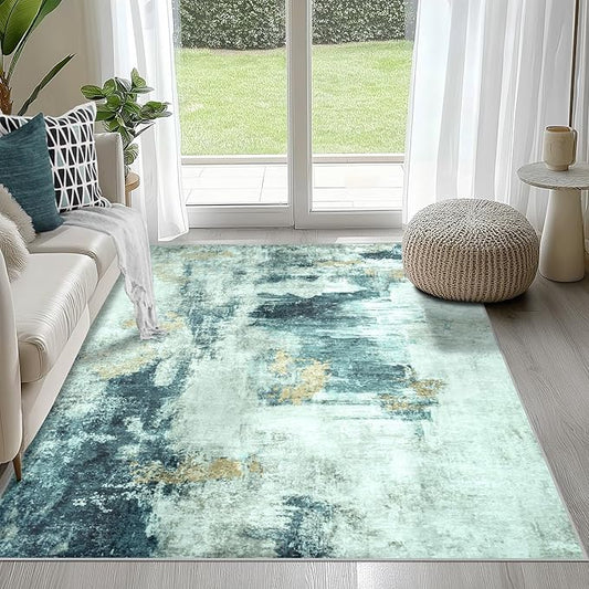 4x6 Area Rugs for Living Room Rug Washable: Abstract Rug for Dining Room Bedroom Carpet Non Slip 4 by 6 Indoor Modern Nursery Home Office Teal Grey Gold