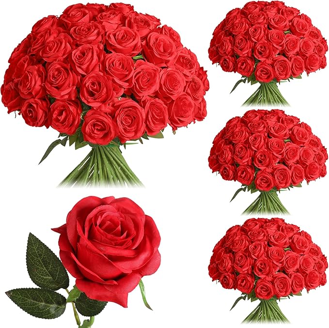 Nubry 100pcs Artificial Silk Roses Bulk,Fake Roses Flower with Stems Realistic Flowers for Wedding Centerpiece Home Party Decor(Red)