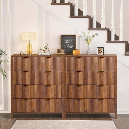 4 Drawer Double Dressers for Bedroom with Waveform Fluted Panel Design, Modern Wide Chest of Drawers,Wood Storage Dresser Chest of Drawers for Bedroom Living Room Hallway Closet,Walnut 2 Sets