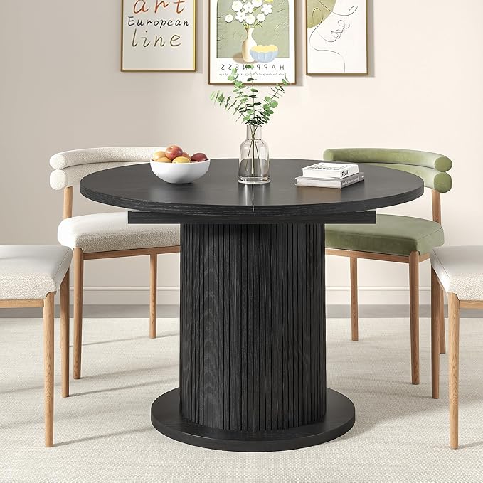 59 inch Round Dining Table for 6, Modern Farmhouse Kitchen Table, Circle Dining Tables with Wood Strip Base for Kitchen Living Room (Big Adjustable Black)