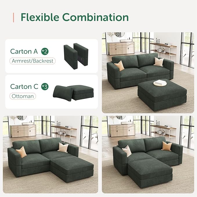 HONBAY Modular Sectional Sofa with Storage Corduroy Sectional Couches with Chaise L Shaped Sectional Couches for Living Room,Green