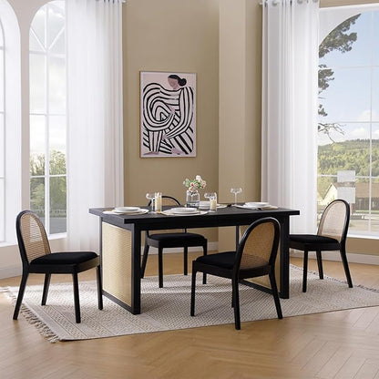 Upholstered Wooden Dining Chairs Set of 2, Farmhouse Kitchen & Dining Room Chairs with Cane Back, Accent Rattan Dining Table Chairs Sherpa Seat for Kitchen/Restaurant/Living Room, Black