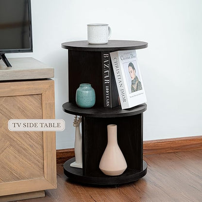 KAYMILY Round End Tables, Mid Century Modern 3 Tier Side Table for Living Room, Bedroom, Office, 25" Tall Accent Nightstand with Open Storage Shelves, Easy Assembly, MDF Wood - Stationary - Black