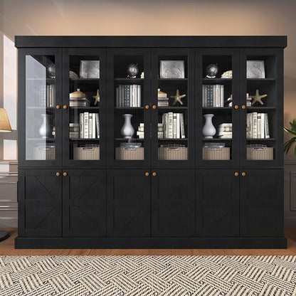 Vyre 71" Tall Farmhouse Bookshelves with Glass Doors, Set of 4 – Large Modular Bookcase with Adjustable Shelves, Storage Cabinet for Living Room, Kitchen, Home Office, Black