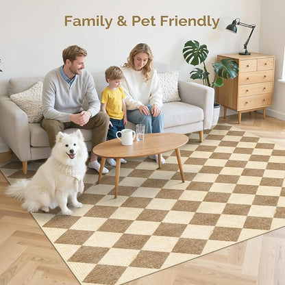 LIVEBOX 5x7 Checkered Rugs for Living Room, Washable Diamond Rug Non-Slip Modern Neutral Geometric Plaid Area Rugs for Bedroom Boys, Low Pile Farmhouse Carpet for Dinning Room Classroom, Brown