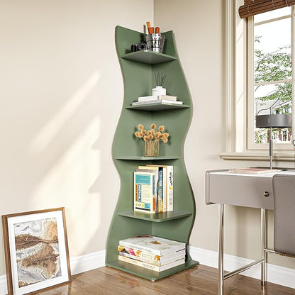 LITTLE TREE Small Corner Shelf, Modern 5-Tier Wall Corner Bookshelf, Stylish Bookcase Storage Rack for Small Space, Living Room, Bedroom, Green, 2 Pack