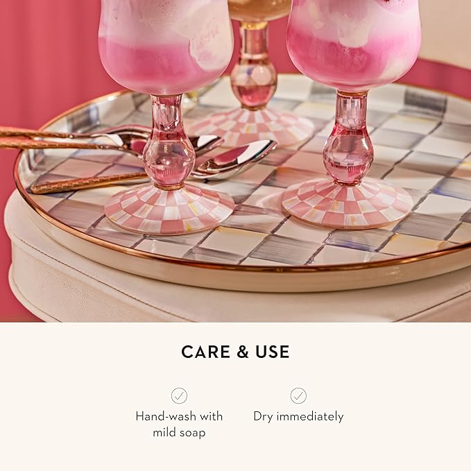 MACKENZIE-CHILDS Enamel Round Tray Unique Serving Platter for Food and Drinks, Gray-and-White Sterling Check