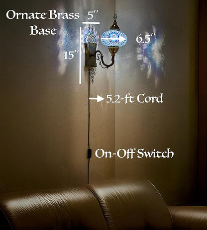 Turkish Moroccan Mosaic Plug-in Wall Sconce Lamp, Handmade Tiffany-Style Glass Globe, Ornate Brass Base, 5.2-ft Cord, Decorative Lighting for Living Room, Bedroom, Dining Room, 15x5 in, Multicolor