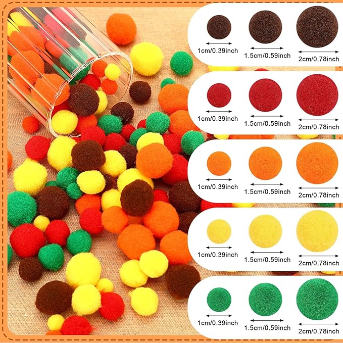 UPINS Fall Pom Poms Balls,600 Pieces Orange Brown Red Pom Poms Mixed Sizes Pompoms for Crafts Making DIY Autumn Thanksgiving Party Decorations Supplies (5 Colors)