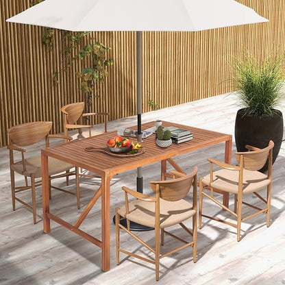 Tangkula Indoor Outdoor Acacia Wood Dining Table for 4-6 Person, Patio Rectangular Dining Table with 2 Inch Umbrella Hole and Support Bars, Outdoor Patio Table