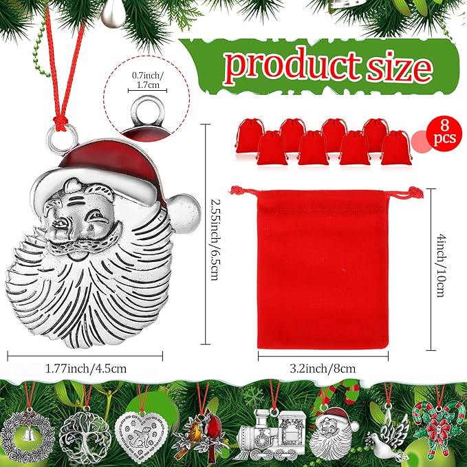 Zhengmy 8 Pieces Christmas Ornaments 2025 Solid Pewter Christmas Tree Ornament Metal Gnomes Santa Angel Snowman Hanging Craft Xmas Gifts with Red Bags(Lovely)