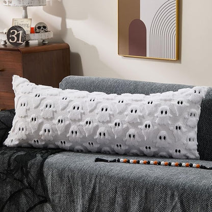 DFXSZ Halloween Pillow Covers 14x36 inch White Ghost Throw Pillow Cases Soft Plush Faux Fur Wool Cushion Case for Chair Bedroom Living Room Home Decor PTK03A14