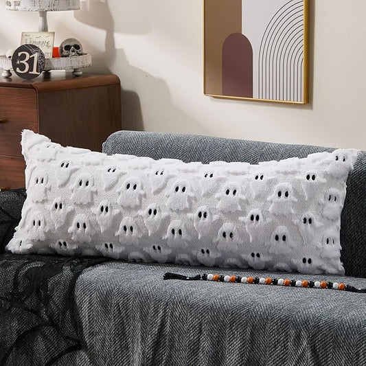 DFXSZ Halloween Pillow Covers 14x36 inch White Ghost Throw Pillow Cases Soft Plush Faux Fur Wool Cushion Case for Chair Bedroom Living Room Home Decor PTK03A14