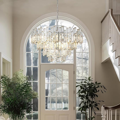 Chrome Crystal Chandelier Lighting 31.5'' Foyer Hall Entry Way Chandeliers Light Fixture for High Ceiling Sloped Pendant Hanging Modern Contemporary Style Round Large