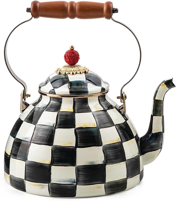 MACKENZIE-CHILDS Enamel Tea Kettle, Stylish Tea Kettle for Stovetop, Black-and-White Courtly Check, 3 Quarts